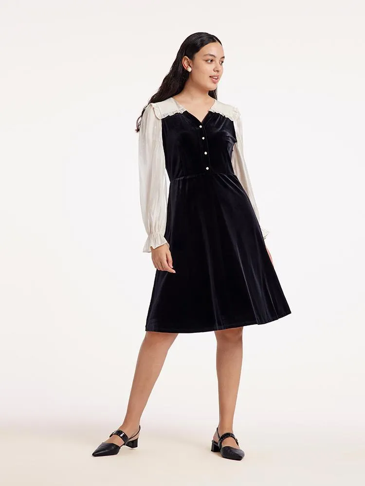 Velvet Patchwork Midi Collared Dress