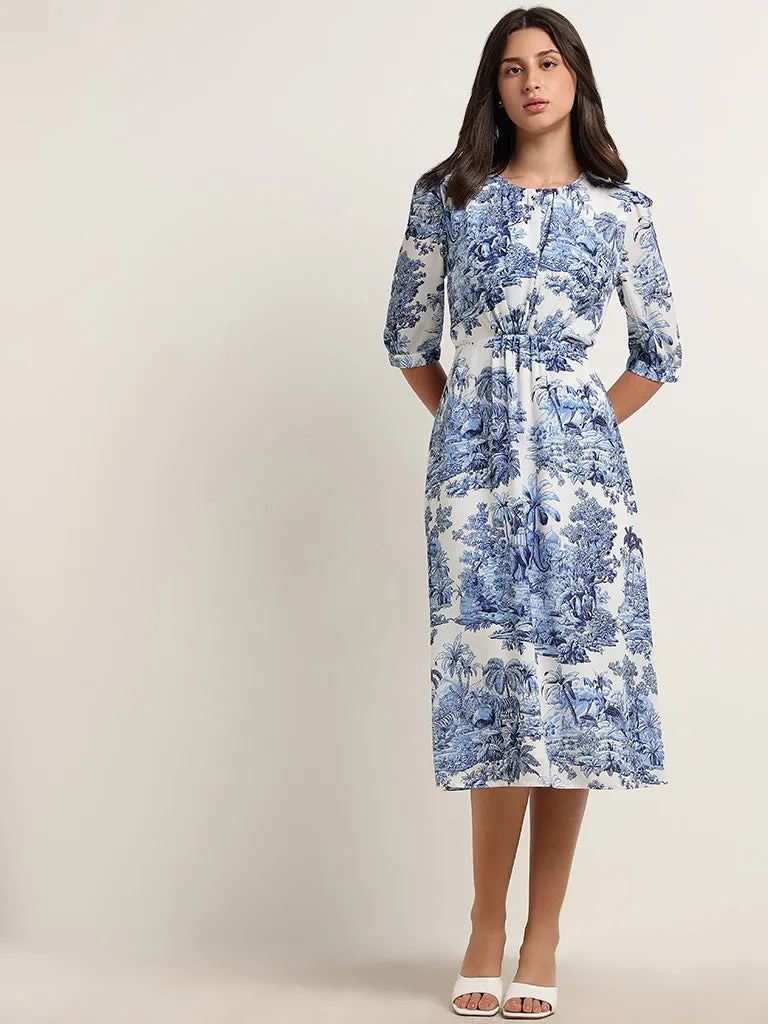 Wardrobe Ivory & Blue Foliage Printed Straight Dress