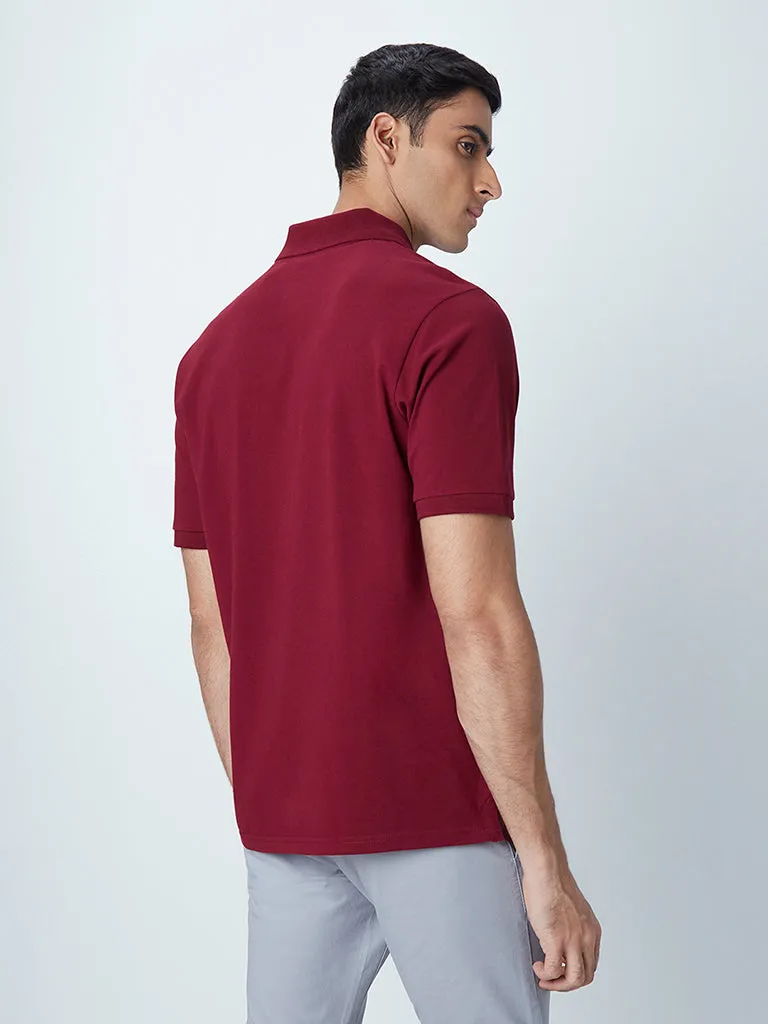 WES Casuals Maroon Cotton Blend Relaxed-Fit Polo T-Shirt