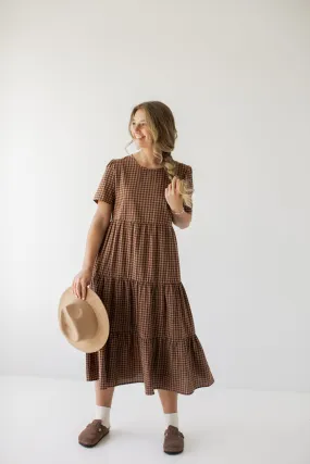 'Wilder' Gingham Tiered Cotton Dress in Dusty Brown