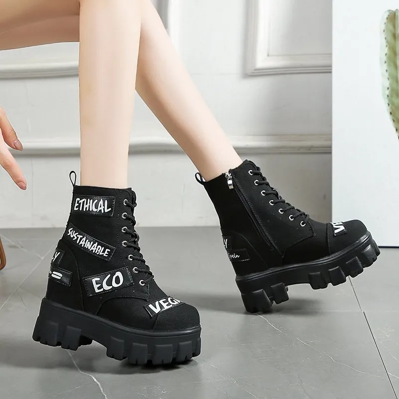 Women Leather Ankle Autumn Platform Height Boot Wedge High Boots Shoes Woman Sneaker