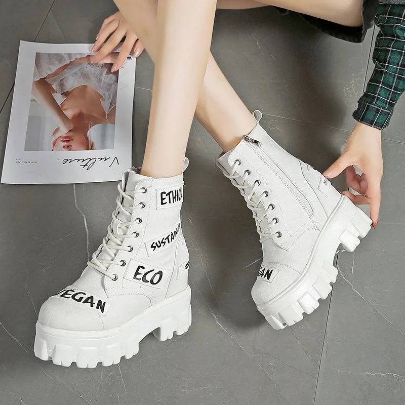 Women Leather Ankle Autumn Platform Height Boot Wedge High Boots Shoes Woman Sneaker