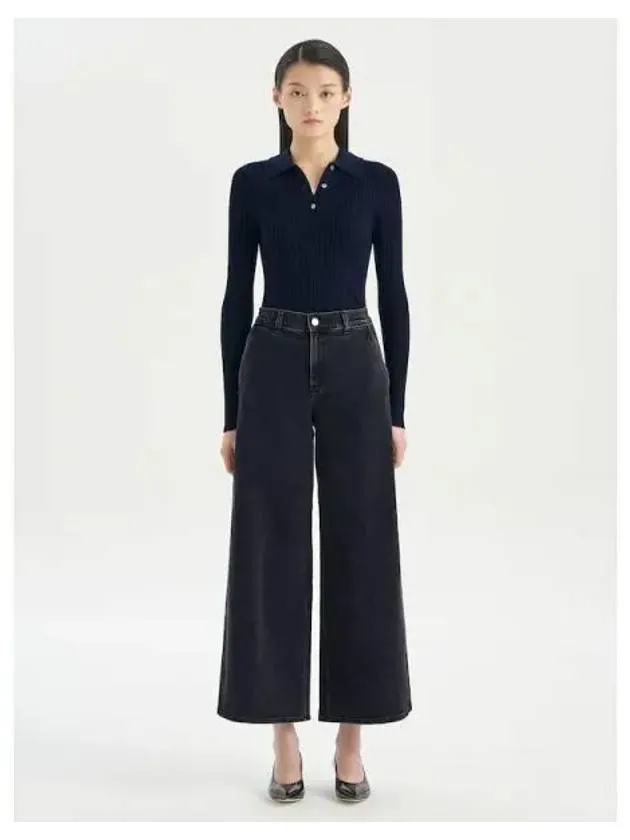 Women s Stretch Wide High Waist Denim Pants Trousers Black Domestic Product