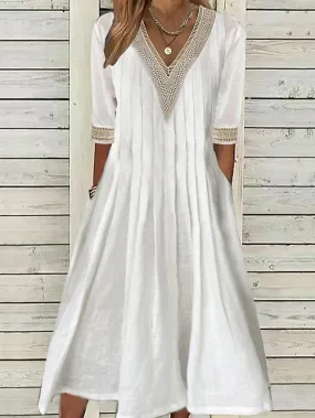 Women's Casual Dress Cotton Linen Dress Swing Dress Midi Dress Cotton Blend Fashion Basic Outdoor Daily Vacation V Neck Patchwork Pocket Half Sleeve Summer Spring Fall 2023 Regular Fit White Pure